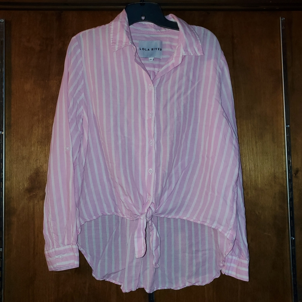 Lola River Linen Blend Button Up Front Tie Long Sleeve Shirt Pink & White Stripe